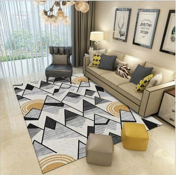 Decor bằng các tấm thảm lớn, màu tương phản rõ nét tạo điểm nhấn độc đáo