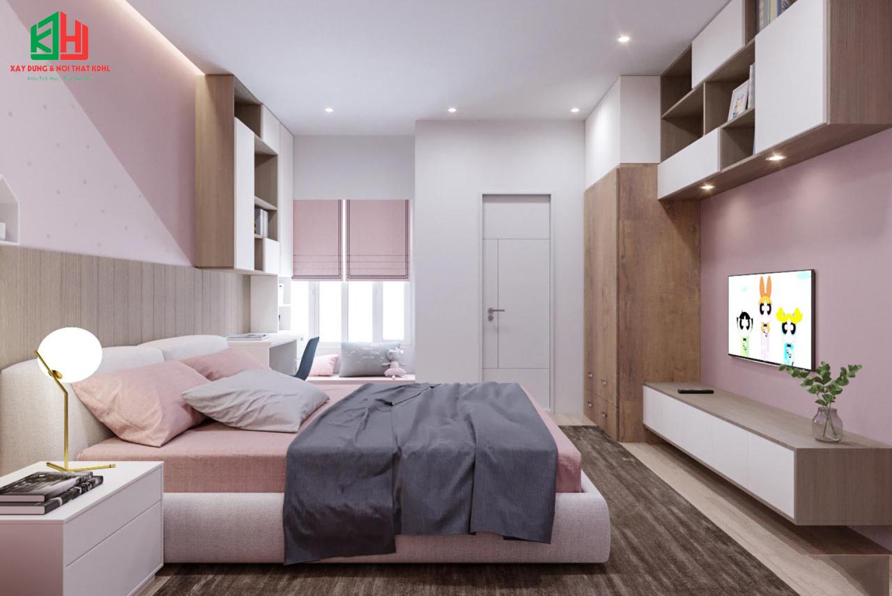 Phòng ngủ con 2 thiết kế với tone màu hồng trẻ trung của mẫu thiết kế nhà phố 1 trệt 2 lầu