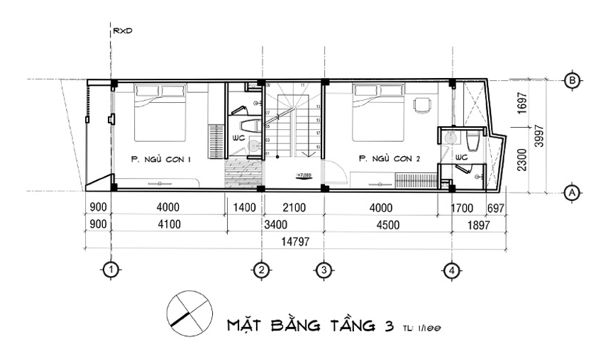 Sơ đồ bố trí mặt bằng tầng 1 của mẫu thiết kế nhà phố 1 trệt 2 lầu 1 sân thượng