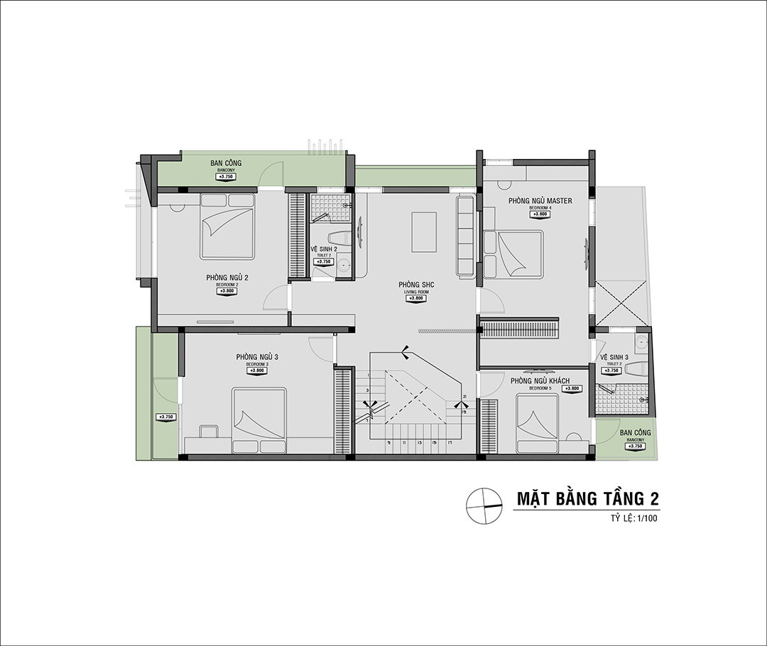 Mặt bằng tầng 2 cho mẫu thiết kế không gian nhà 3 tầng đẹp KDHL