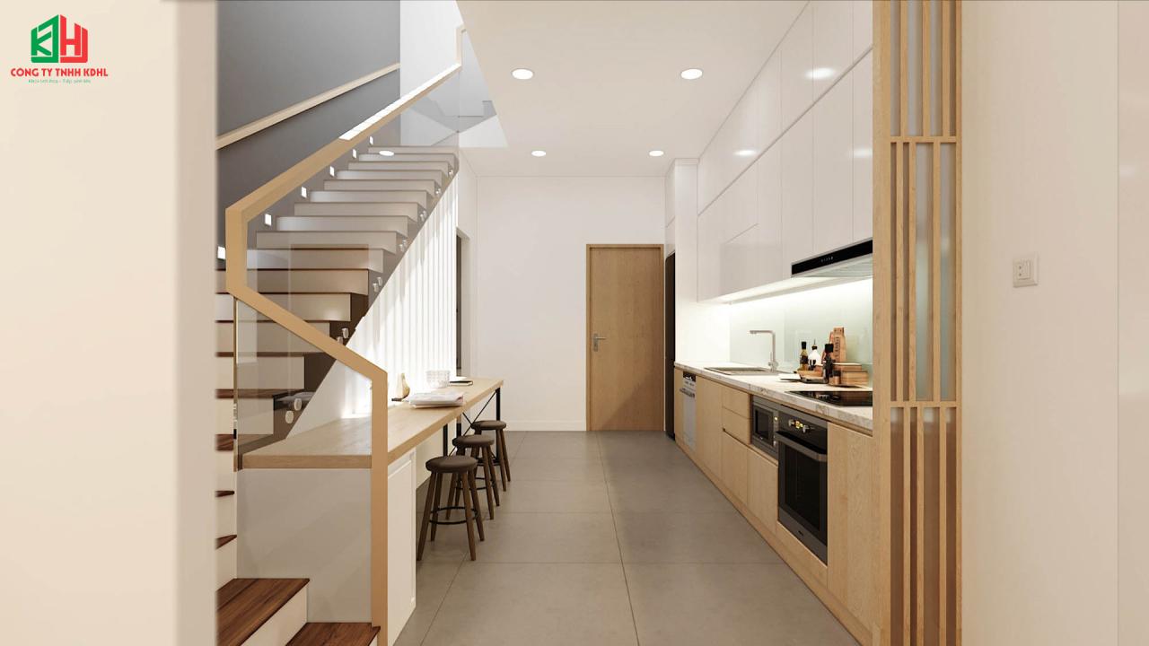 Nhà bếp của nhà 3 tầng hiện đại được đặt giữa tầng 1