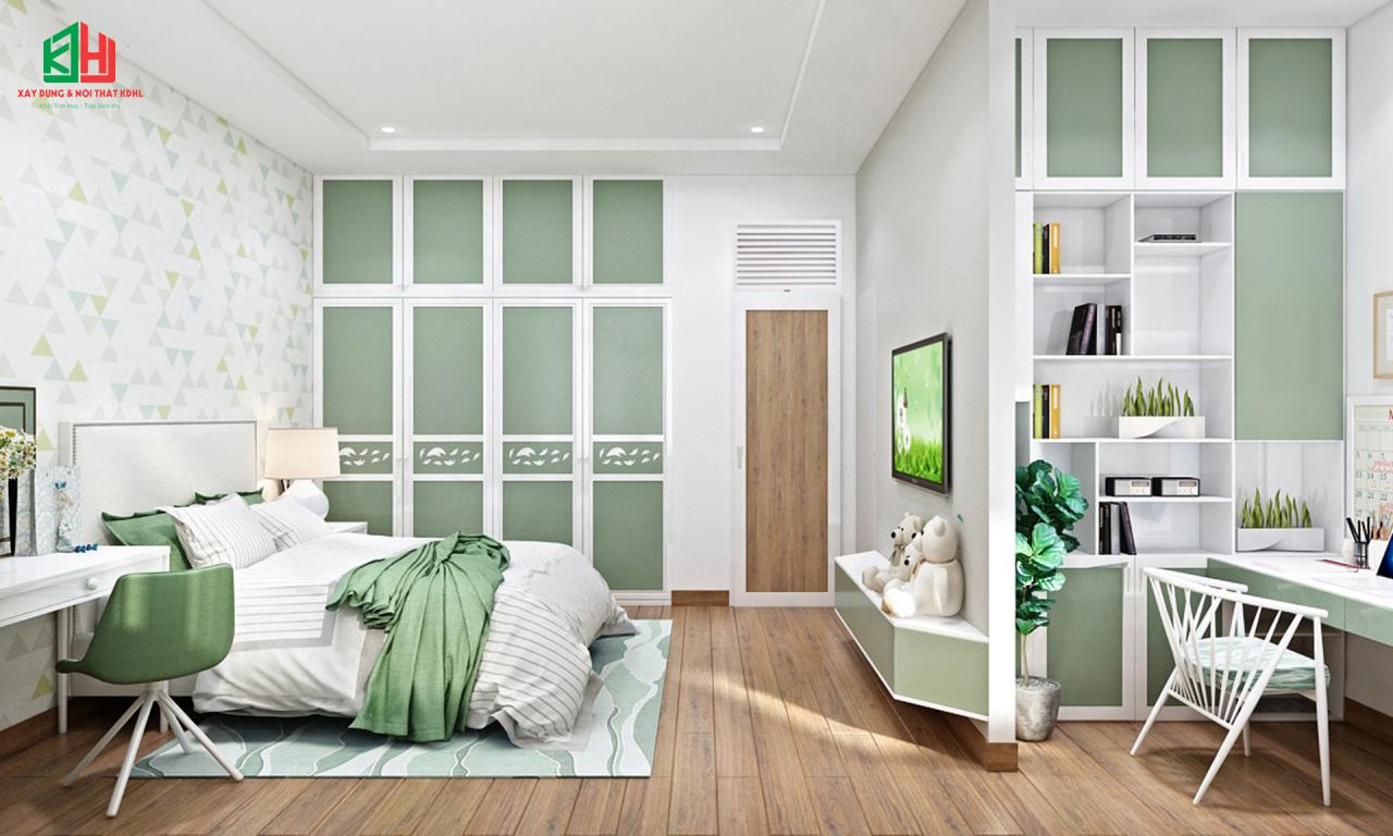 Phòng ngủ sang trọng hiện đại với màu xanh lá cây nhấn nhá nổi bật