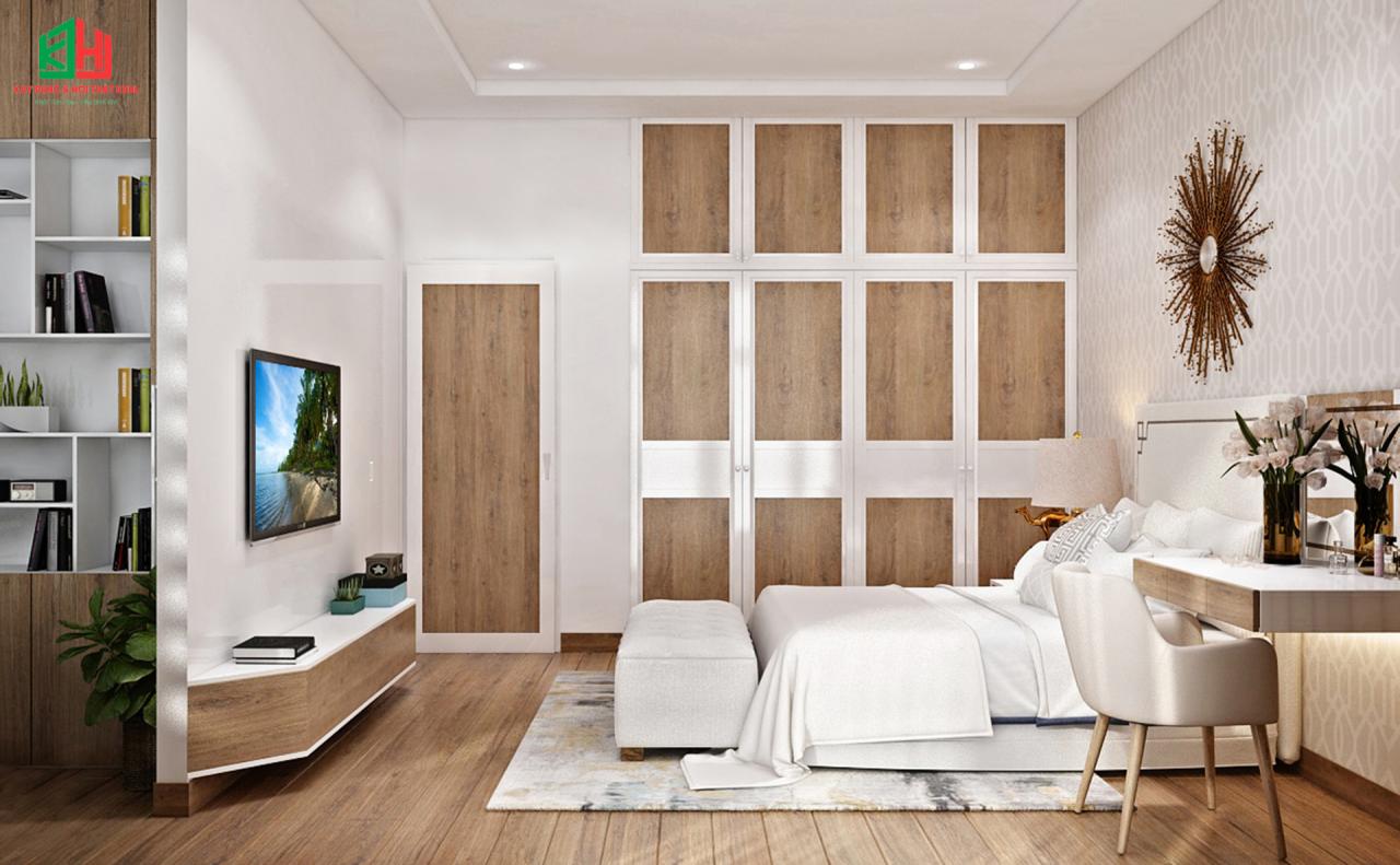 Phòng ngủ được thiết kế sang trọng hiện đại với màu gỗ trầm nổi bật trên tone màu xám trắng KDHL