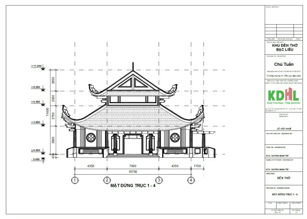 Kiến trúc đền thờ (Bạc Liêu) - Bản vẽ mặt đứng trục 1-4