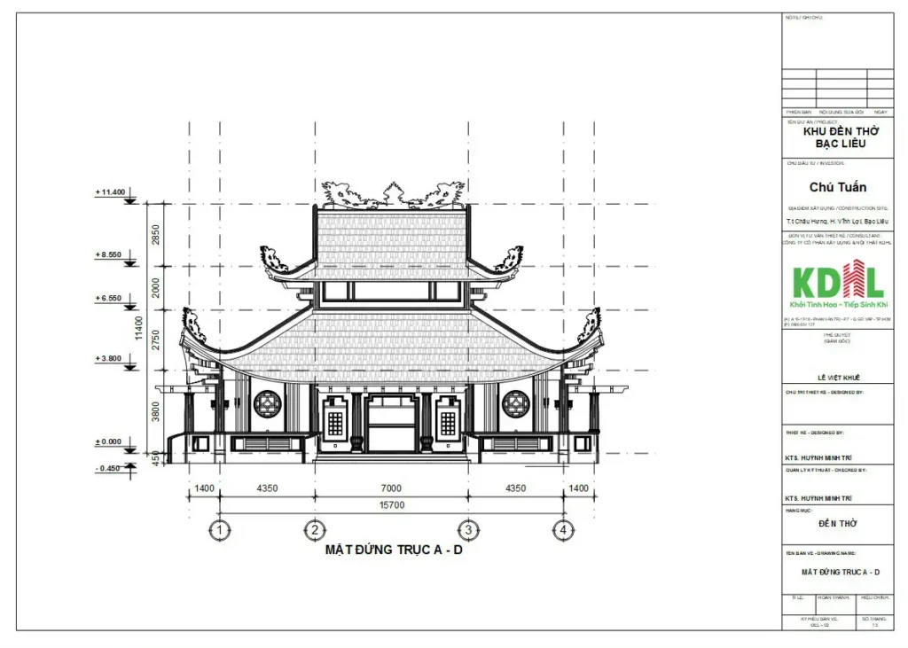 Kiến trúc đền thờ (Bạc Liêu) - Bản vẽ mặt đứng trục A-D